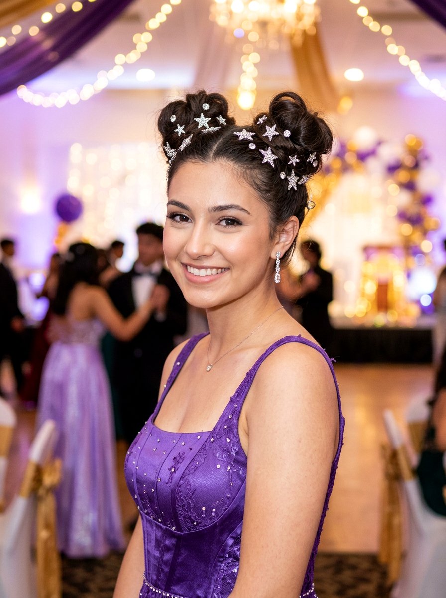 Space Buns With Rhinestone Hair Clips - 20 prom hairstyles with rhinestone clips - 20 prom hairstyles with rhinestone clips