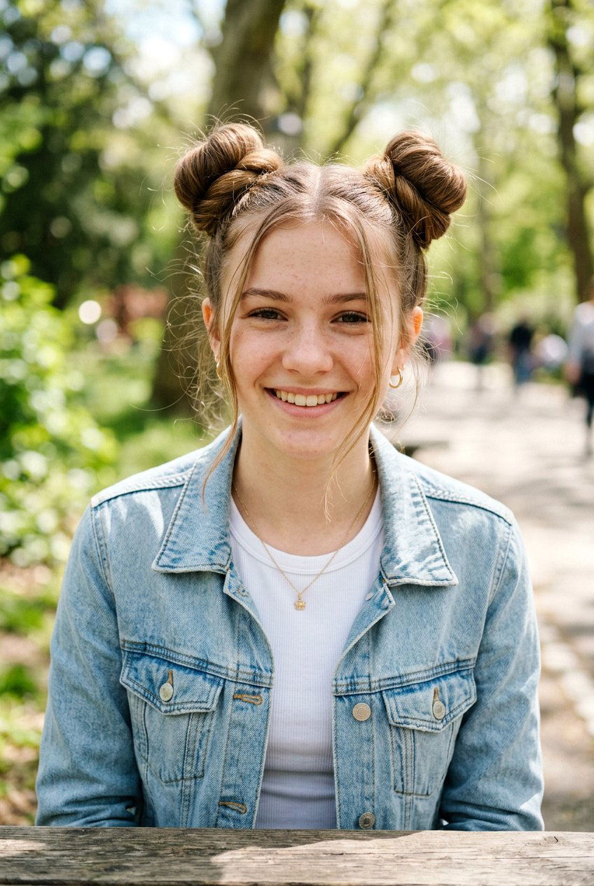 Space buns with face framing strands - 20 hairstyles for teenage girls - 20 hairstyles for teenage girls