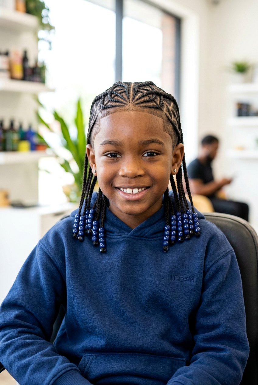 Spider Web Boys Cornrows With Blue Beads - 20 boys cornrows with beads - 20 boys cornrows with beads