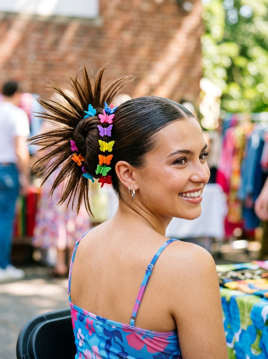 Spiky Bun With Butterfly Clips - 20 y2k spiky bun hairstyle - 20 y2k spiky bun hairstyle