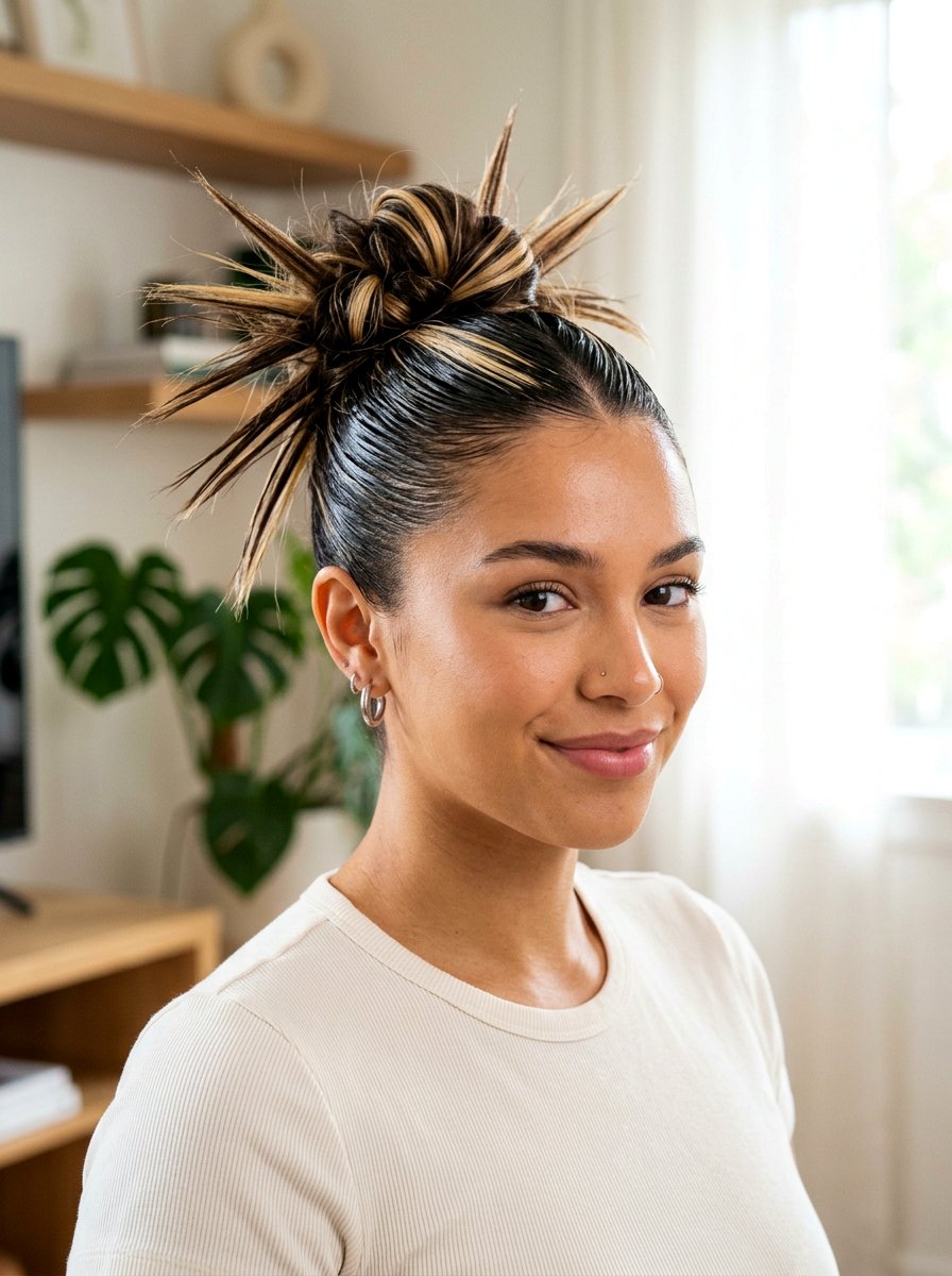 Spiky Bun With Chunky Highlights - 20 y2k spiky bun hairstyle - 20 y2k spiky bun hairstyle