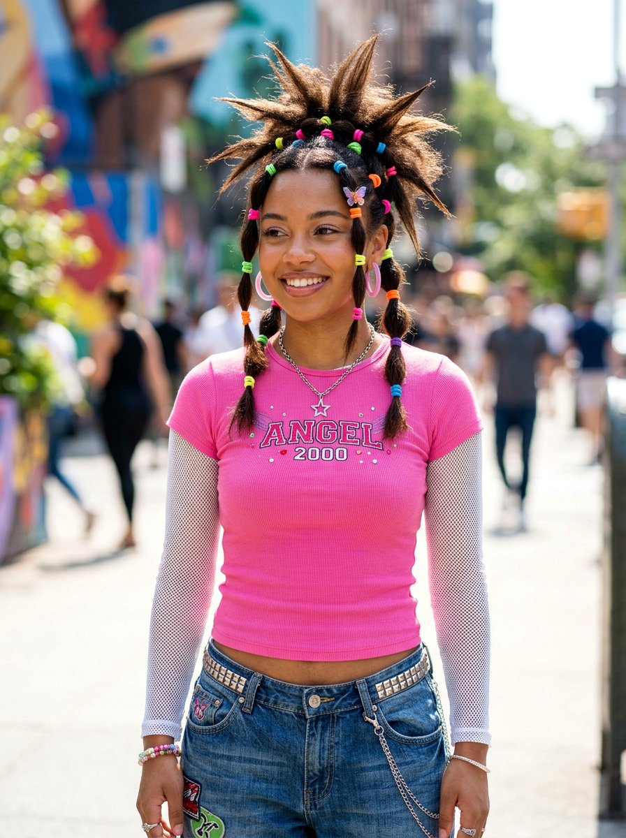 Spiky Bun With Colorful Elastics - 20 y2k spiky bun hairstyle - 20 y2k spiky bun hairstyle