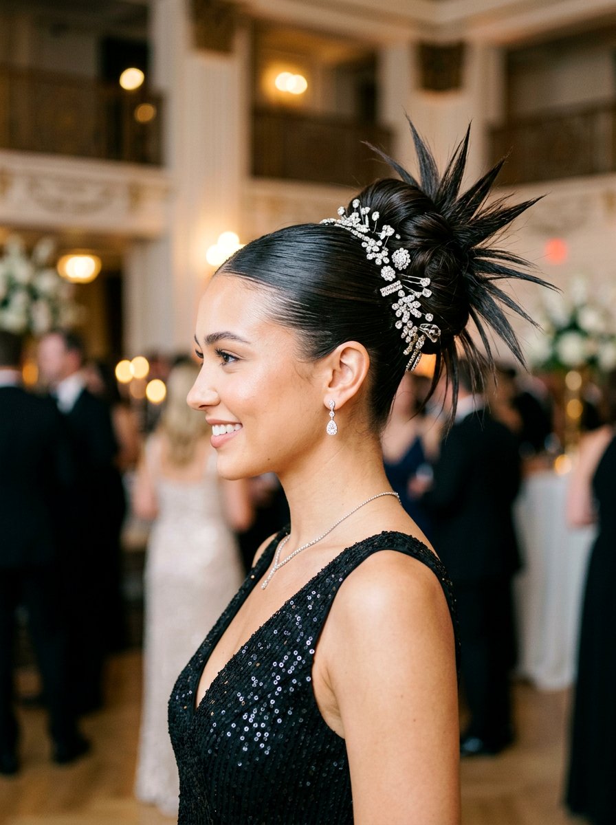 Spiky Bun With Decorative Pins - 20 y2k spiky bun hairstyle - 20 y2k spiky bun hairstyle