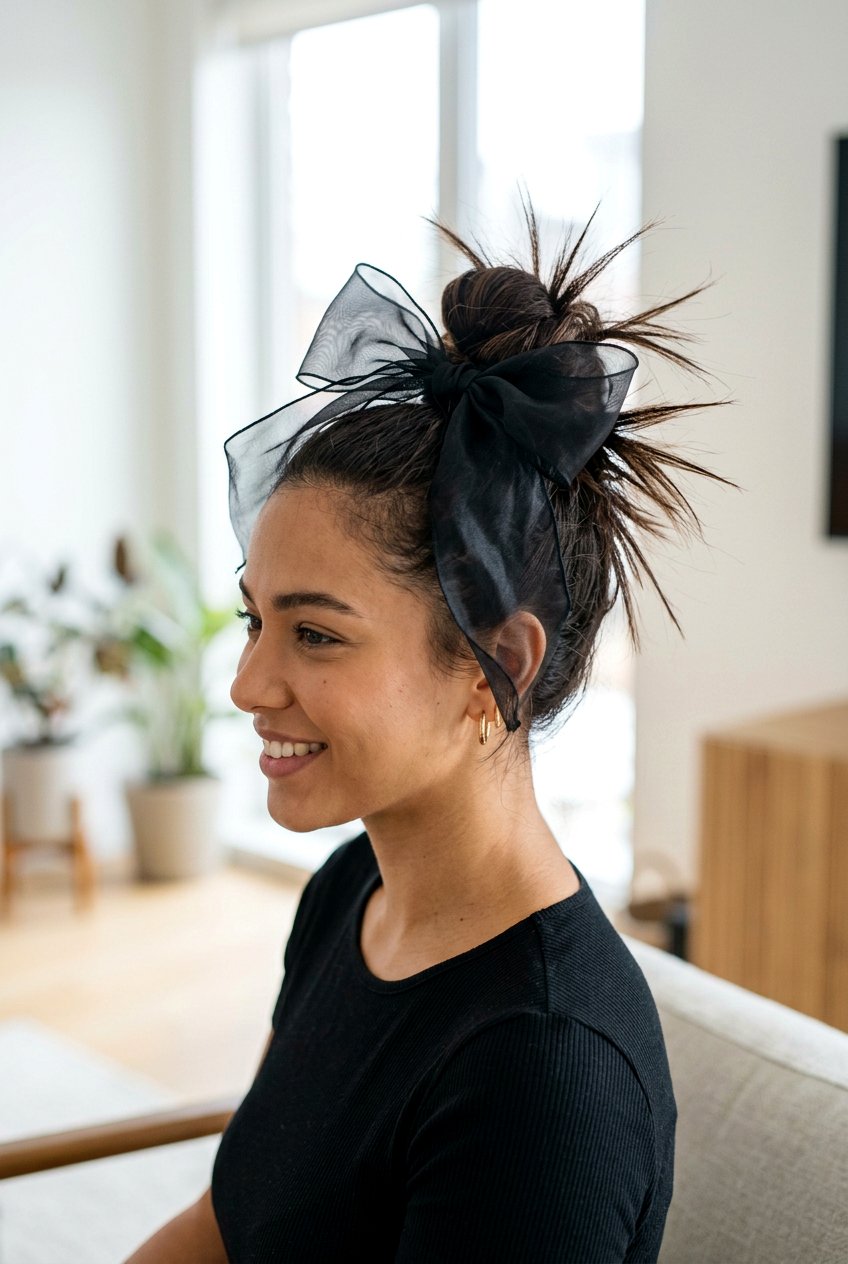 Spiky Bun With Sheer Bow - 20 coquette bow bun hairstyle - 20 coquette bow bun hairstyle