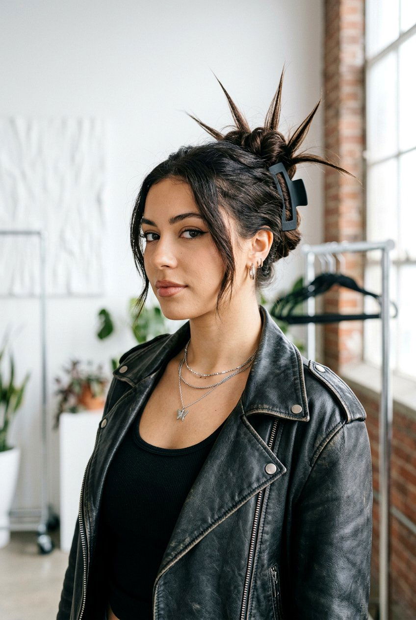 Spiky Claw Clip Bun - 20 easy claw clip hairstyles for medium hair - 20 easy claw clip hairstyles for medium hair