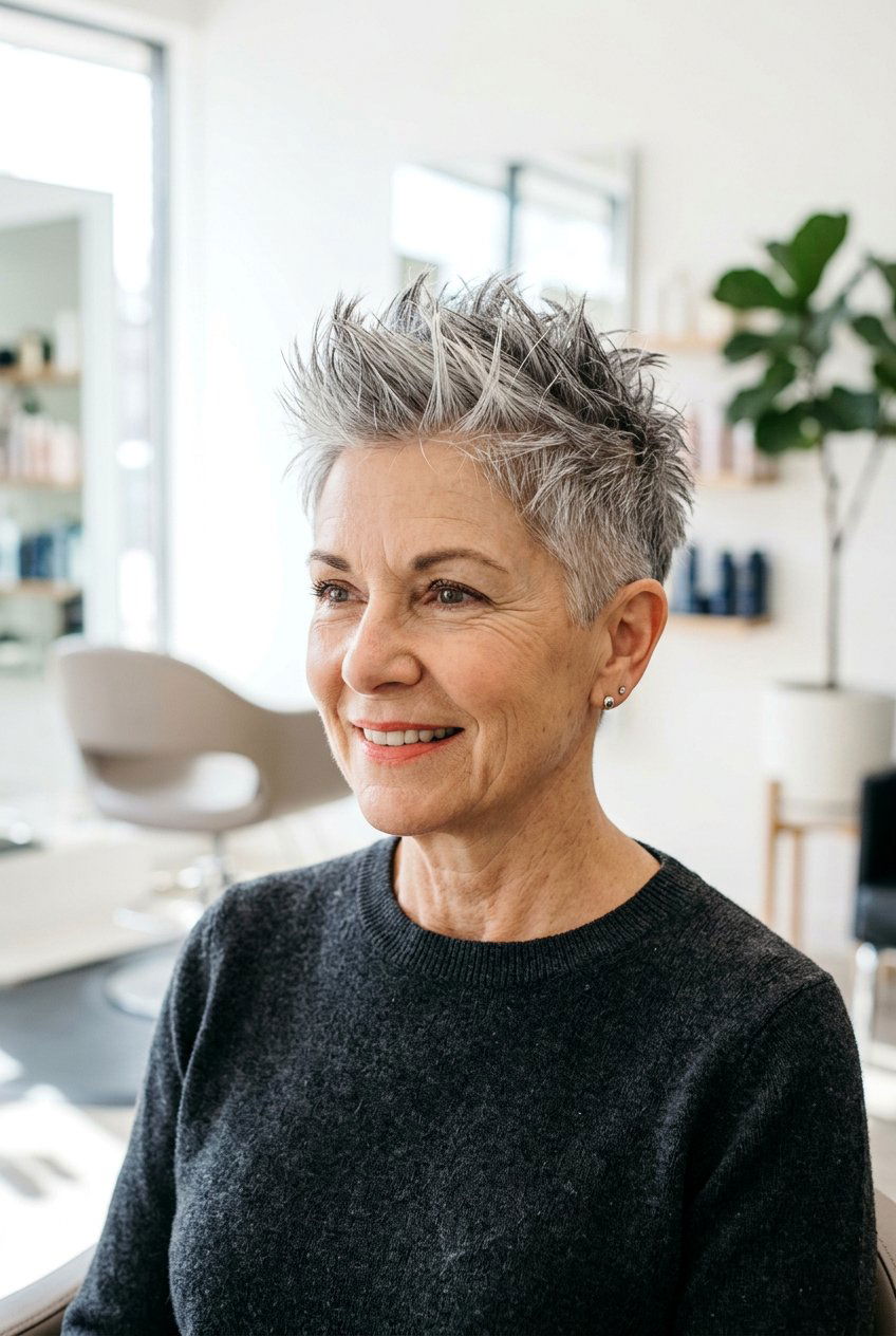 Spiky Grey Pixie - 20 wash and wear short hairstyles for older women - 20 wash and wear short hairstyles for older women