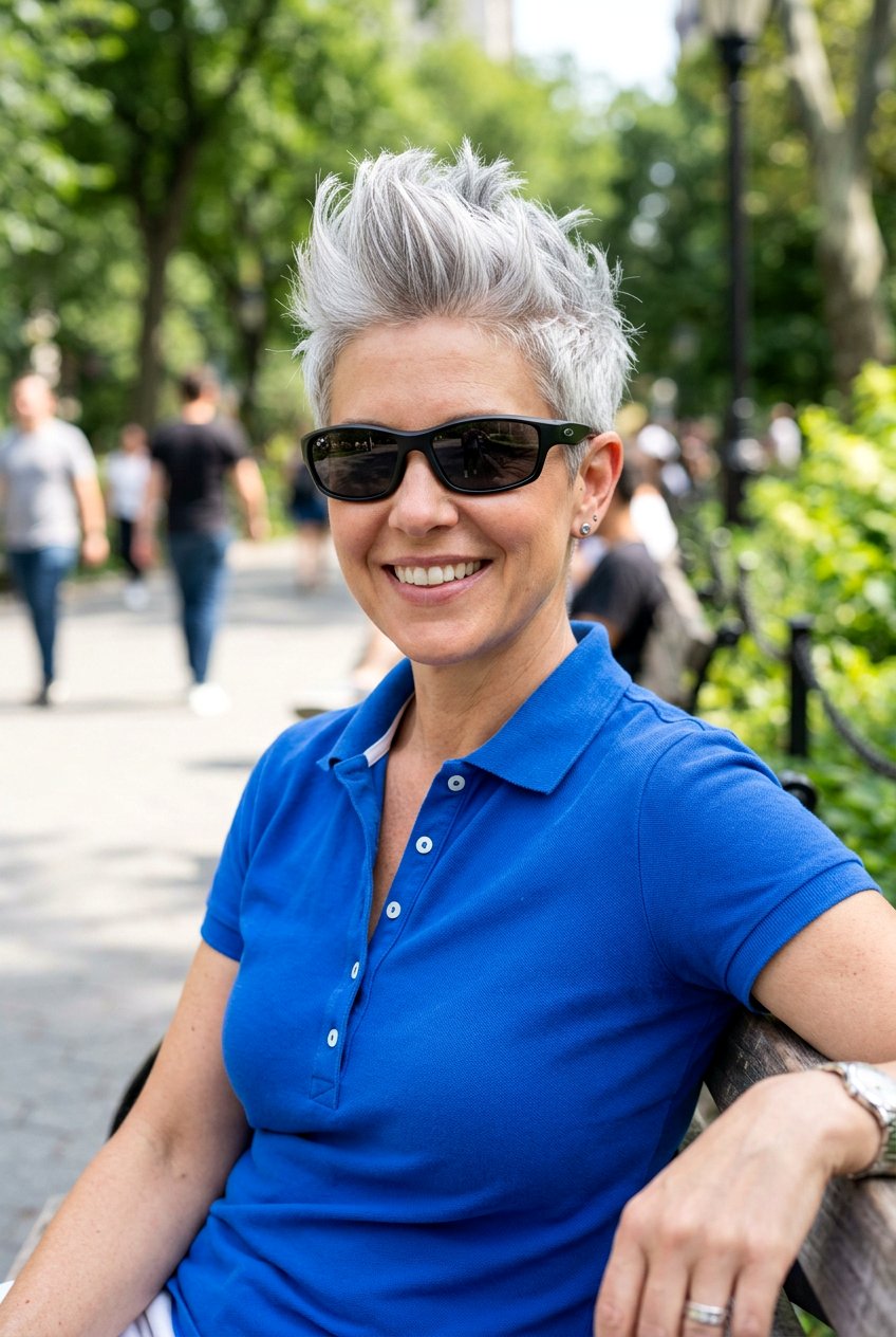 Spiky Silver Pixie Cut - 20 gray hairstyles for women with glasses - 20 gray hairstyles for women with glasses