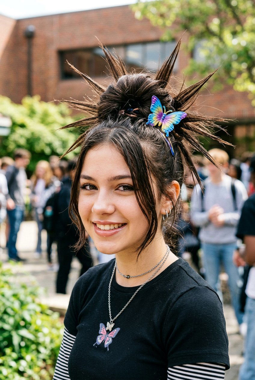Spiky Y2K Bun - 20 quick bun hairstyle for teenage girls - 20 quick bun hairstyle for teenage girls