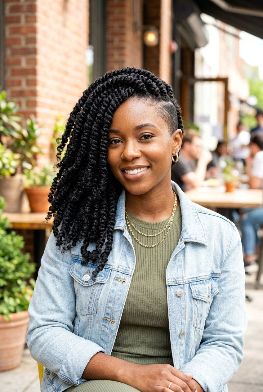 Sponge Twist Side Swept Look - 20 twist sponge hairstyle for black women - 20 twist sponge hairstyle for black women