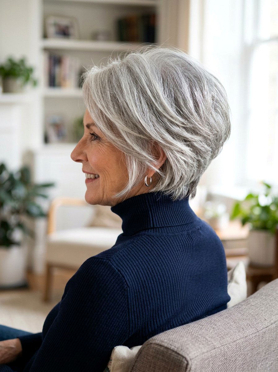 Stacked Feathered Bob - 20 silver feathered haircut for older women - 20 silver feathered haircut for older women