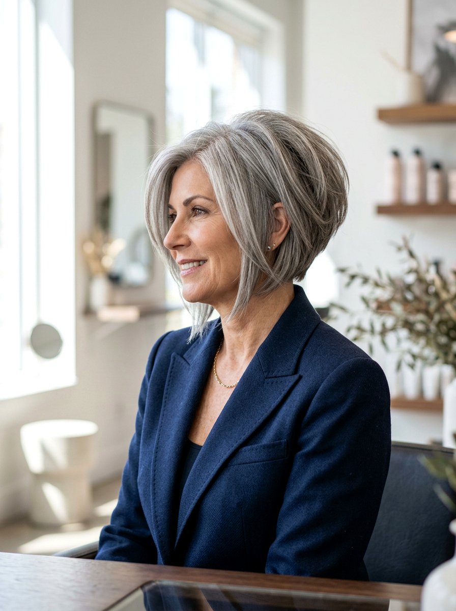 Stacked Gray Bob - 20 polished gray bob hair color - 20 polished gray bob hair color