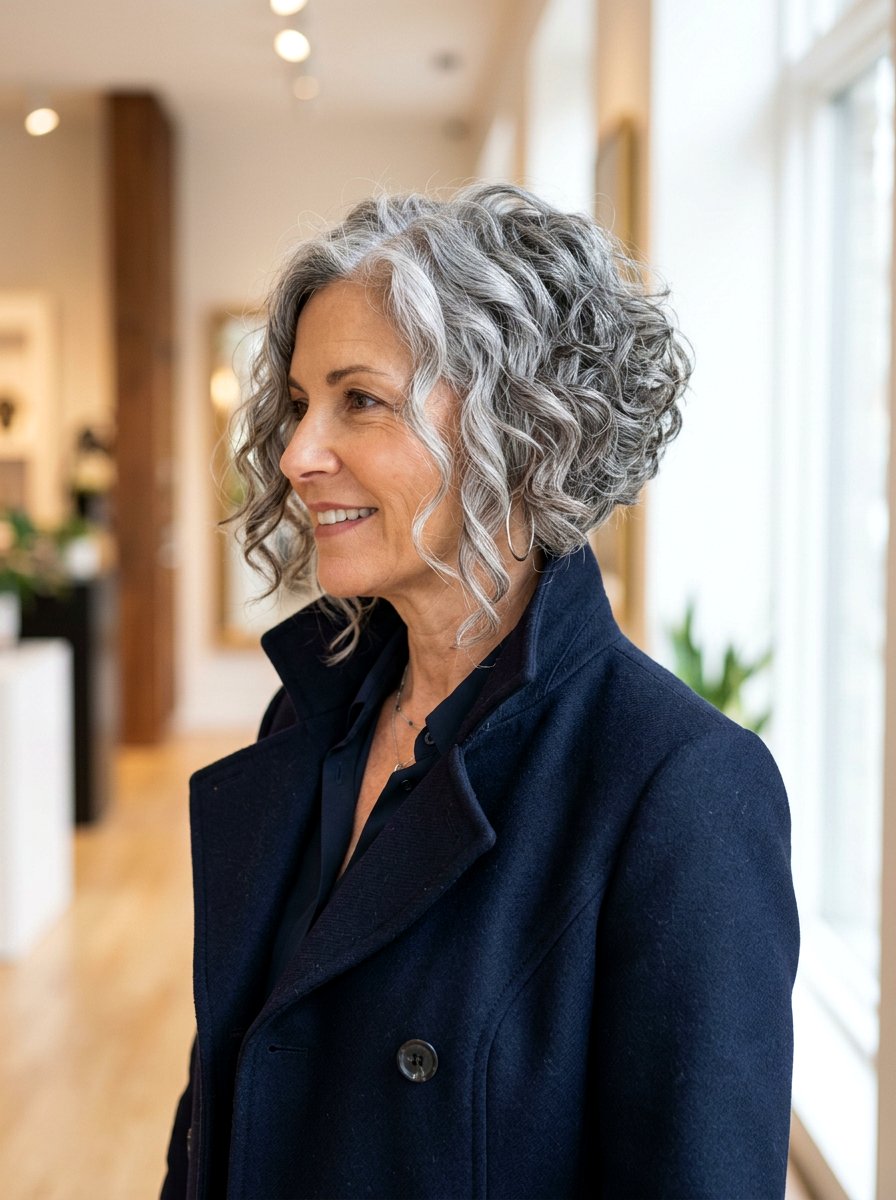 Stacked Gray Curly Bob - 20 shoulder length gray curls for older women - 20 shoulder length gray curls for older women