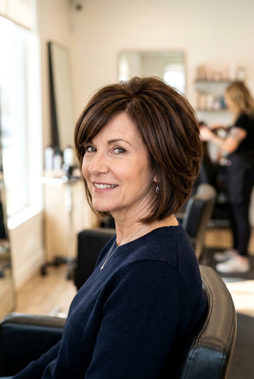 Stacked Layered Bob With Side Bangs - 20 layered haircut for women over 50 with round face - 20 layered haircut for women over 50 with round face