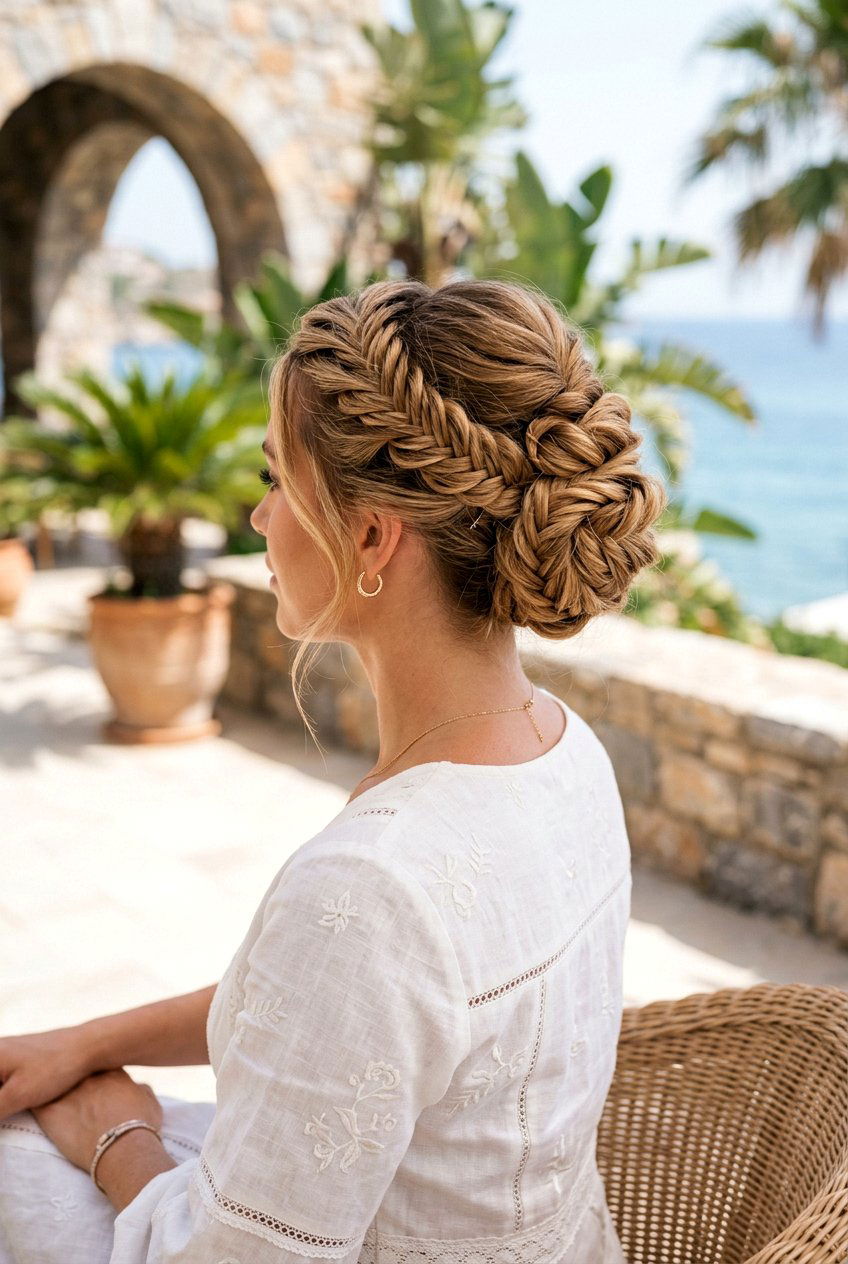 Stacked Loose Fishtail Braid Bun - 20 beach hairstyle with loose fishtail braid - 20 beach hairstyle with loose fishtail braid