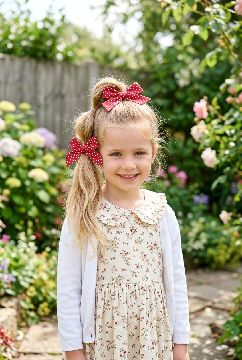 Stacked Ponytail With Polka Dot Ribbon Bow - 20 little girls ponytail with ribbon bow - 20 little girls ponytail with ribbon bow