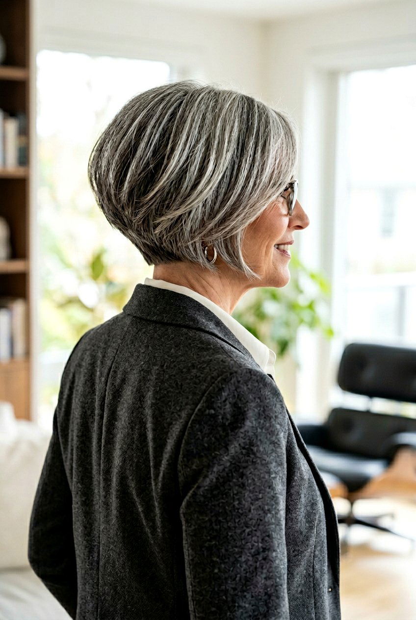 Stacked Salt And Pepper Bob - 20 gray bob with layers for older women - 20 gray bob with layers for older women