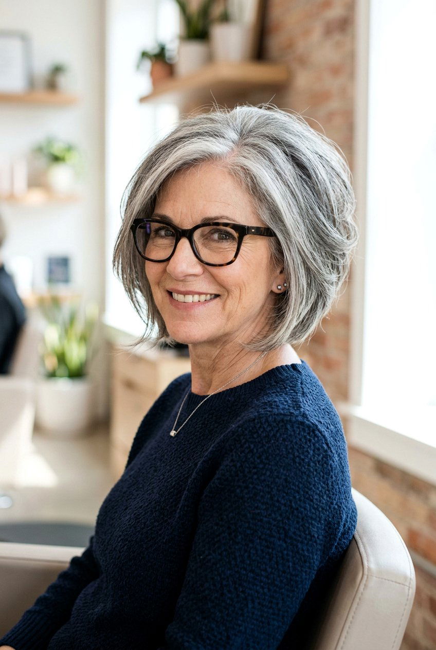 Stacked bob with dark frames - 20 hairstyles for women over 50 with glasses - 20 hairstyles for women over 50 with glasses