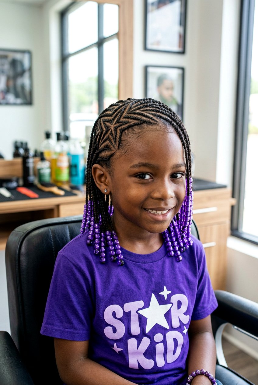 Star Design Boys Cornrows With Purple Beads - 20 boys cornrows with beads - 20 boys cornrows with beads