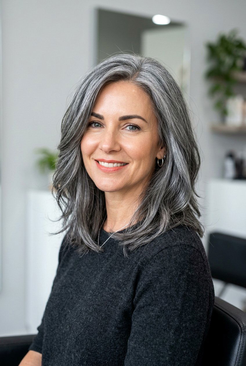 Steel Gray Mid Length Hair - 20 grandma hair color - 20 grandma hair color