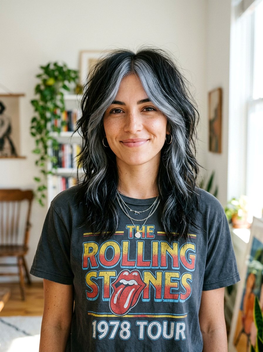 Steel Gray Money Piece on Dark Shag - 20 silver money piece for gray transition - 20 silver money piece for gray transition