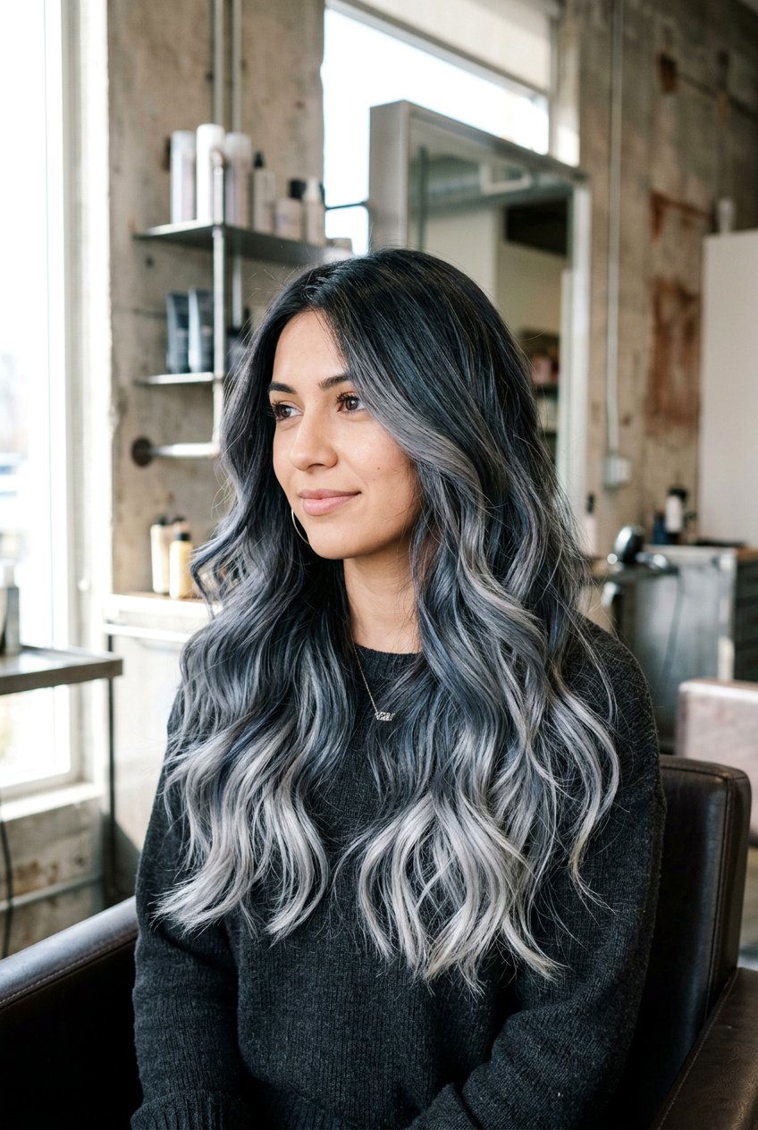 Steel Gray Silver Balayage - 20 silver balayage for dark hair - 20 silver balayage for dark hair