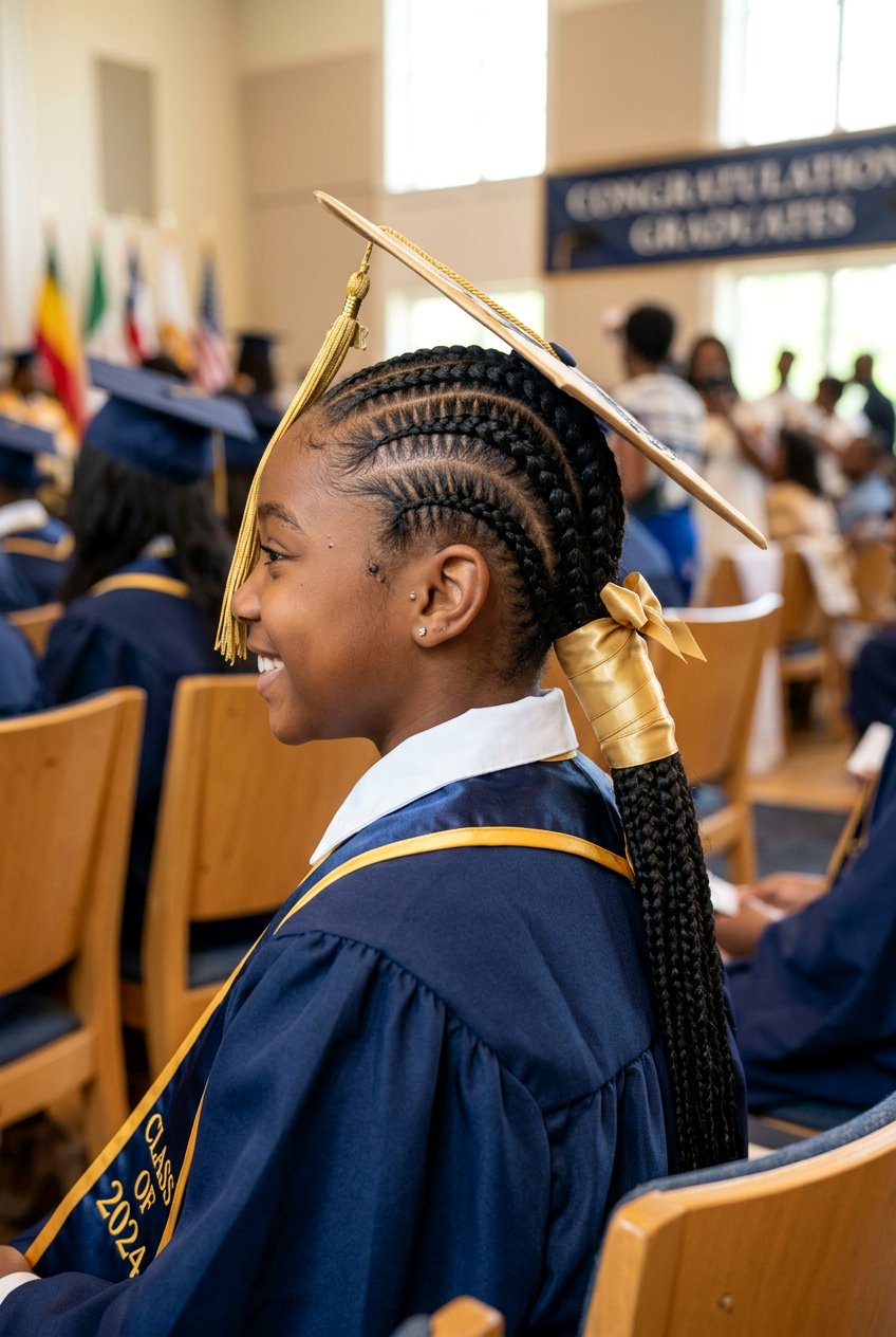 Stitch Braid Low Ponytail with Ribbon Wrap - 20 graduation braid ponytail for black girls - 20 graduation braid ponytail for black girls