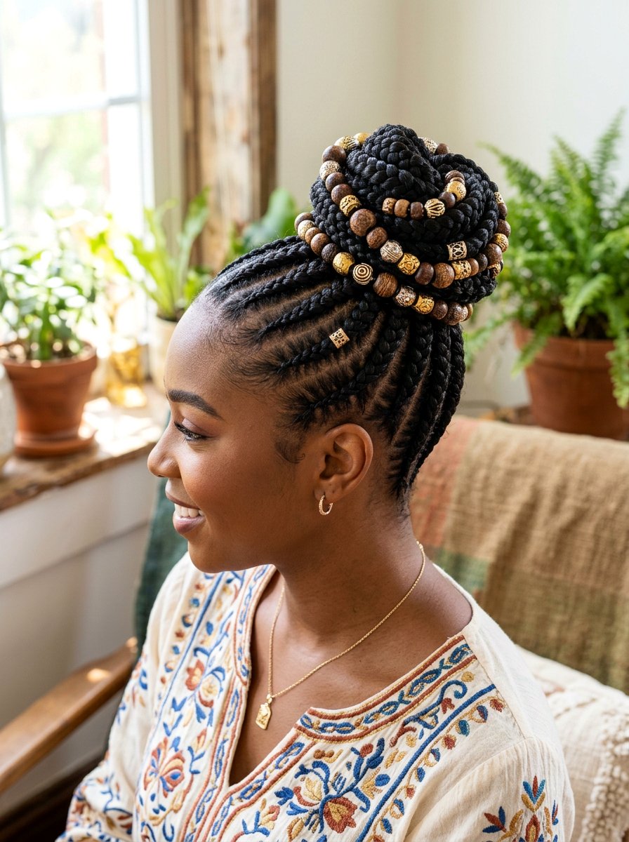 Stitch Braids Bun With Beads - 20 stitch braids into bun - 20 stitch braids into bun
