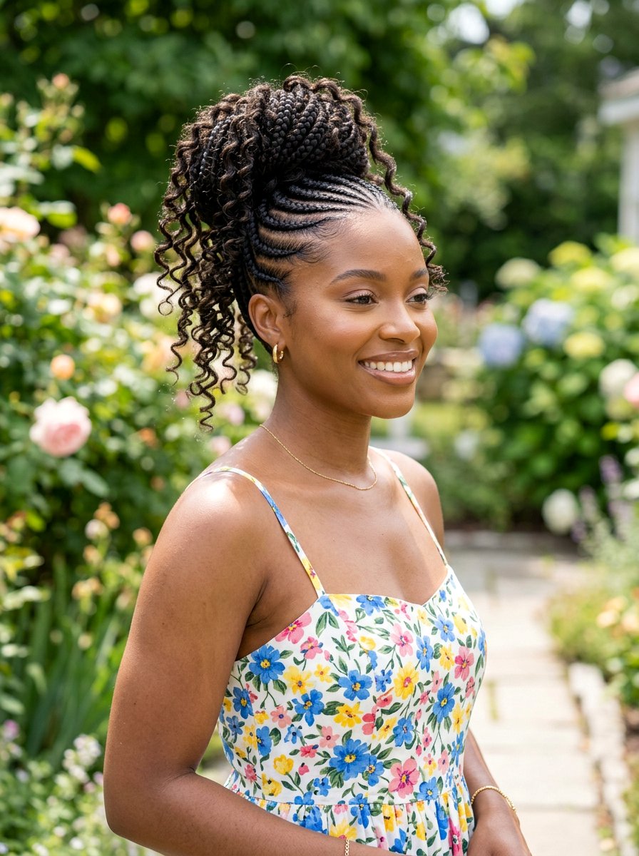 Stitch Braids Bun With Curls - 20 stitch braids into bun - 20 stitch braids into bun