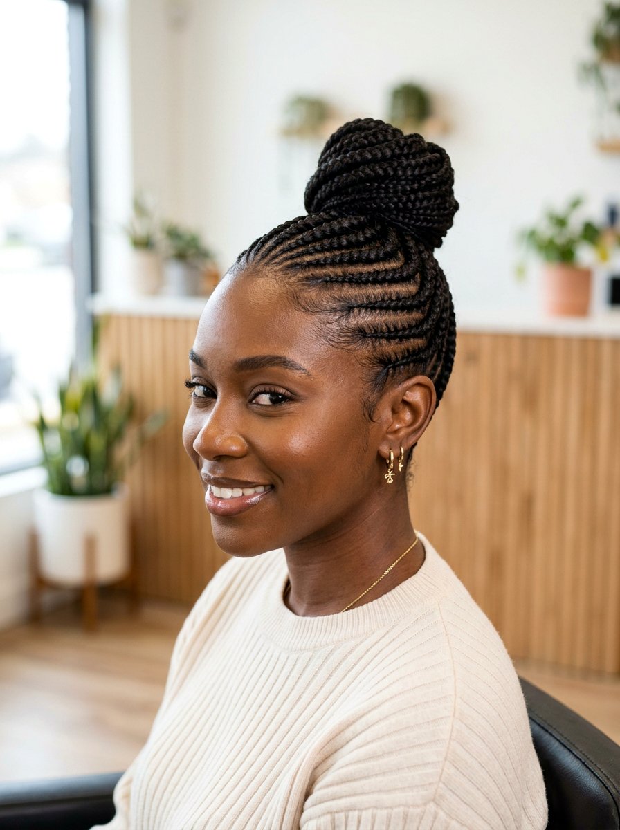 Stitch Braids High Bun - 20 scalp braid hairstyles for black women - 20 scalp braid hairstyles for black women