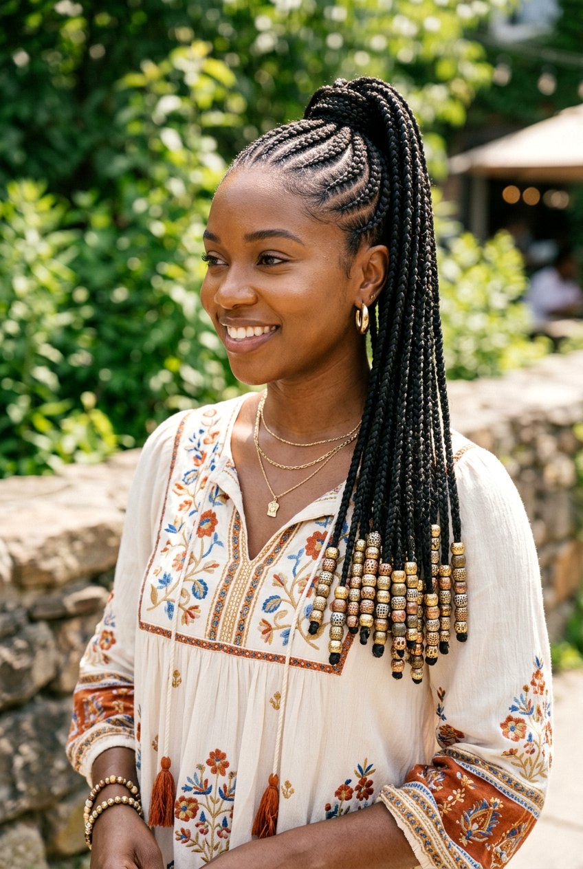 Stitch Braids Ponytail With Beads - 20 stitch braids with ponytail - 20 stitch braids with ponytail