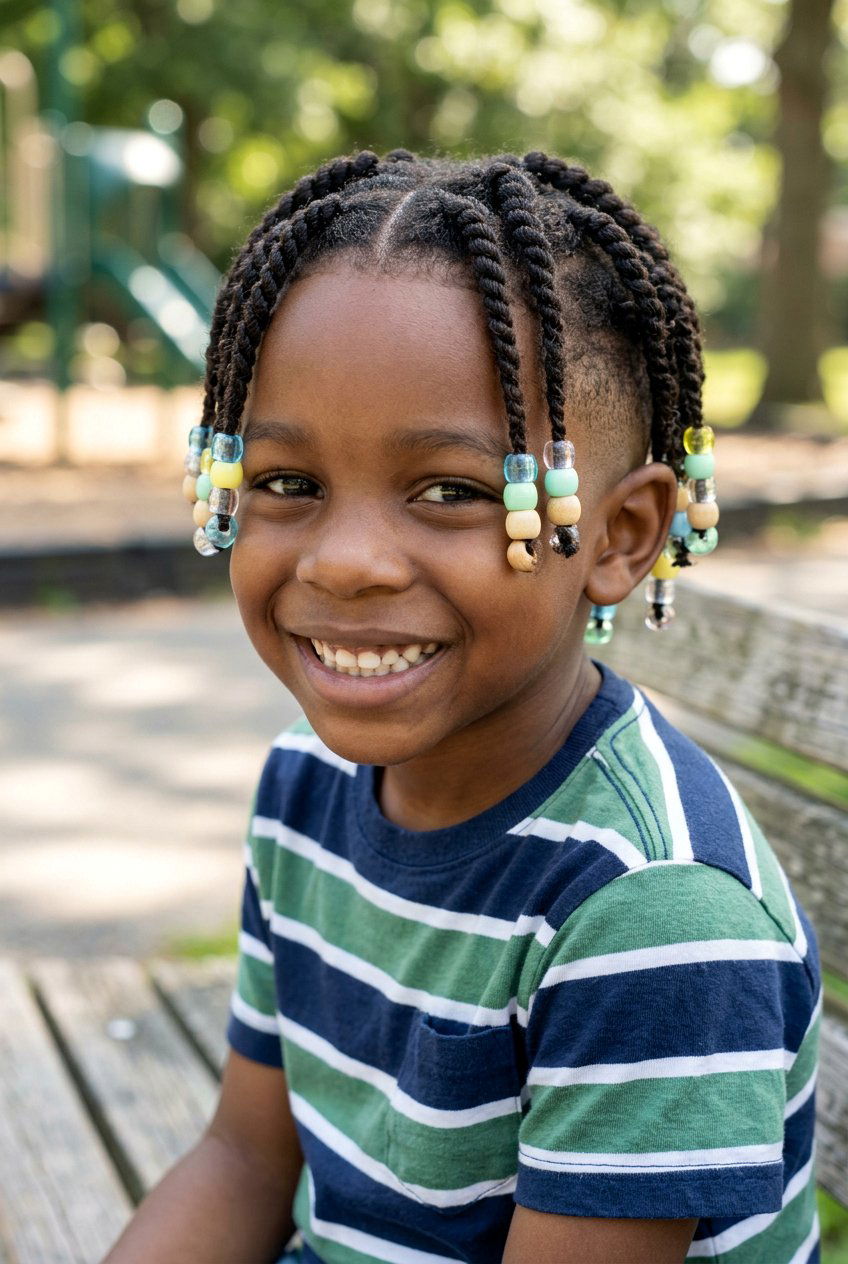Stitch Braids with Beads and Low Taper - 20 little boys braids with beads - 20 little boys braids with beads