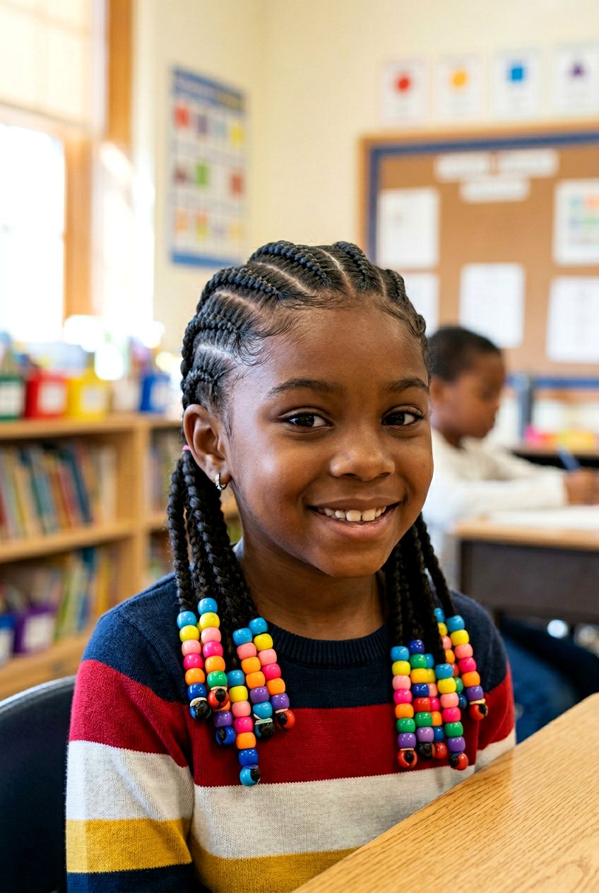 Stitch Cornrows with Beaded Low Pigtails - 20 school cornrow styles for black girls - 20 school cornrow styles for black girls