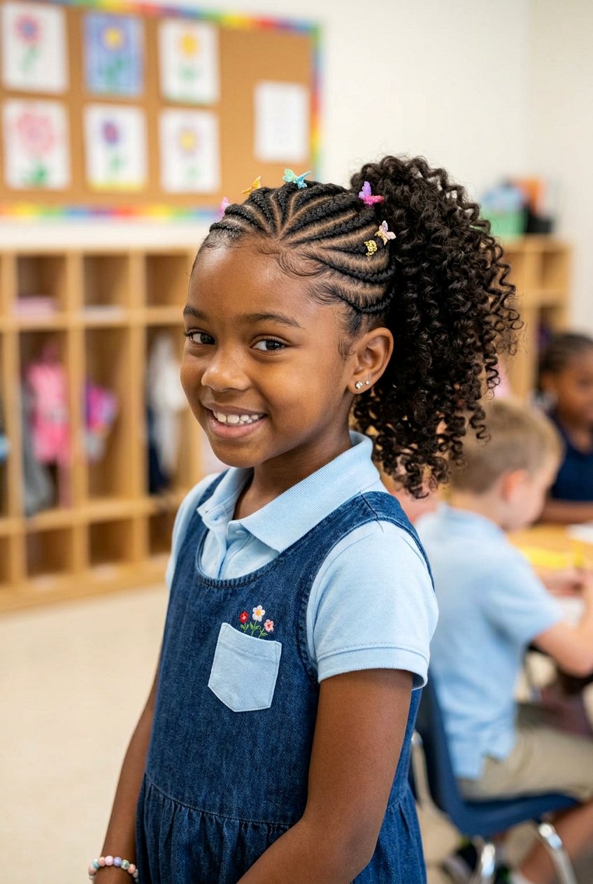 Straight Back Cornrows with Curly High Bun Ponytail - 20 little girls cornrows with curly ponytail - 20 little girls cornrows with curly ponytail