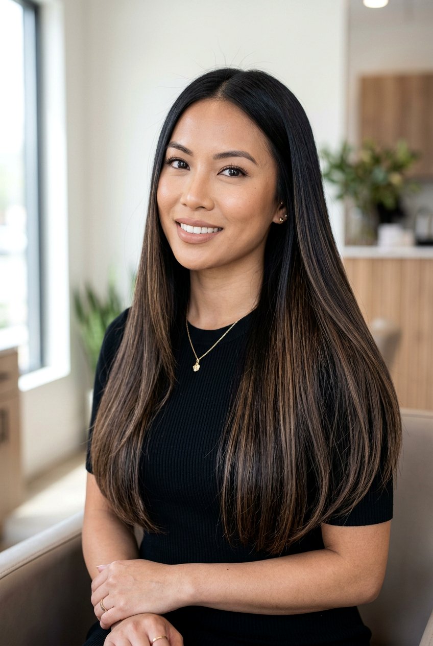 Straight Black Hair With Soft Mocha Brown Balayage - 20 black hair with soft brown highlights - 20 black hair with soft brown highlights