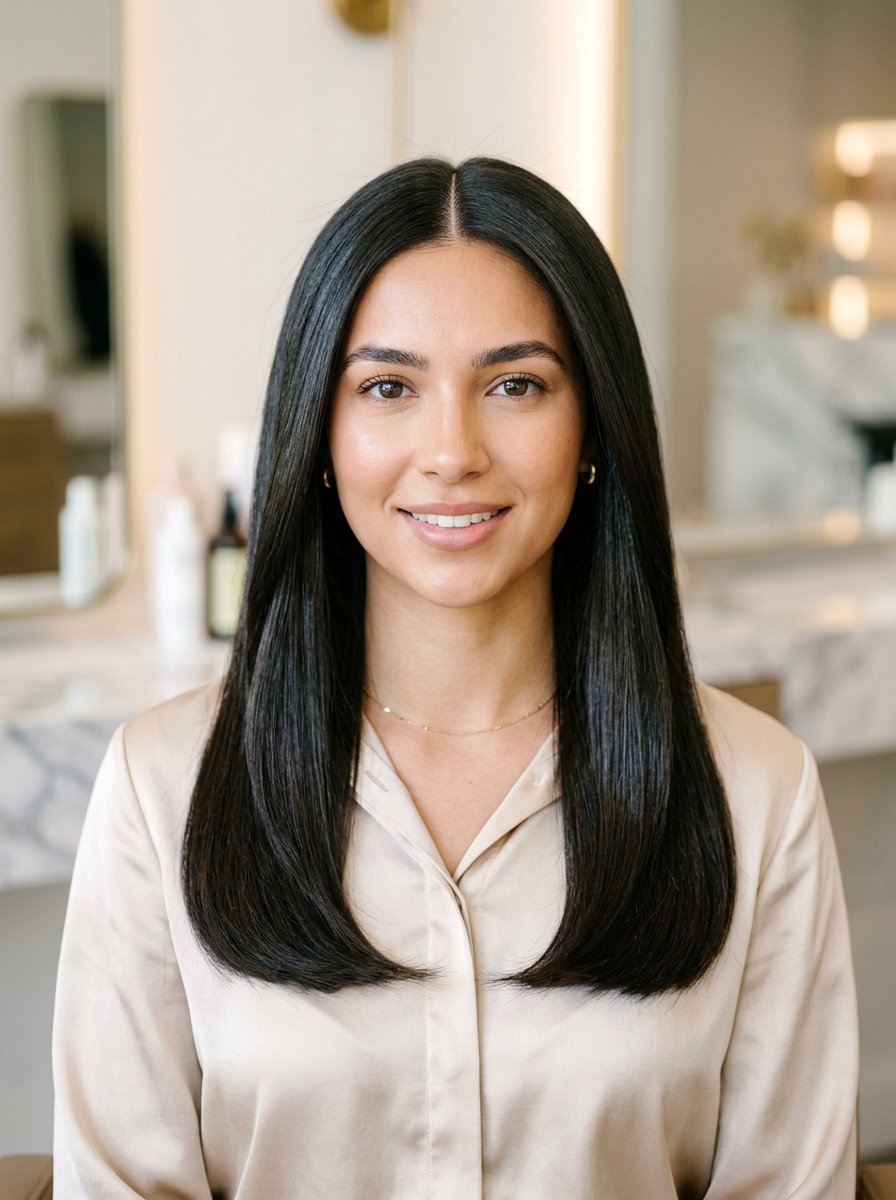 Straight Blowout With Middle Part - 20 sleek hairstyle for office meeting - 20 sleek hairstyle for office meeting