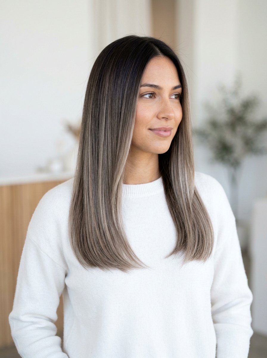Straight Brunette Hair With Cool Ash Balayage - 20 winter brunette with cool highlights - 20 winter brunette with cool highlights