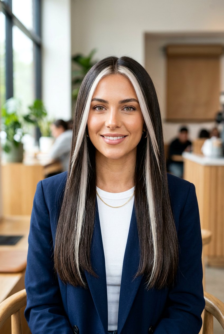 Straight Brunette Hair With Platinum Face Framing Highlights - 20 brunette hair with platinum money piece - 20 brunette hair with platinum money piece