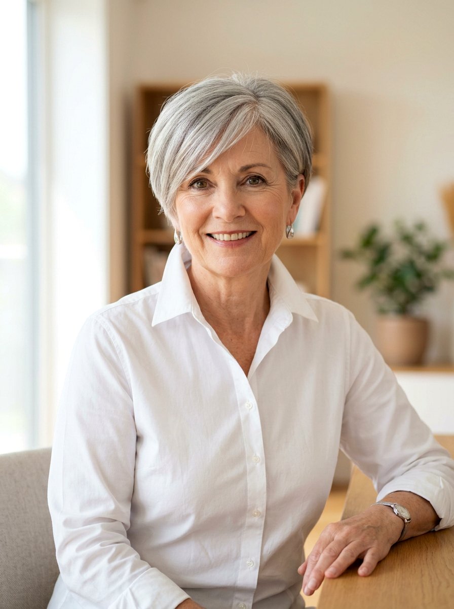 Straight Crop Cut With Side Swept Bangs - 20 straight haircut for women over 60 - 20 straight haircut for women over 60