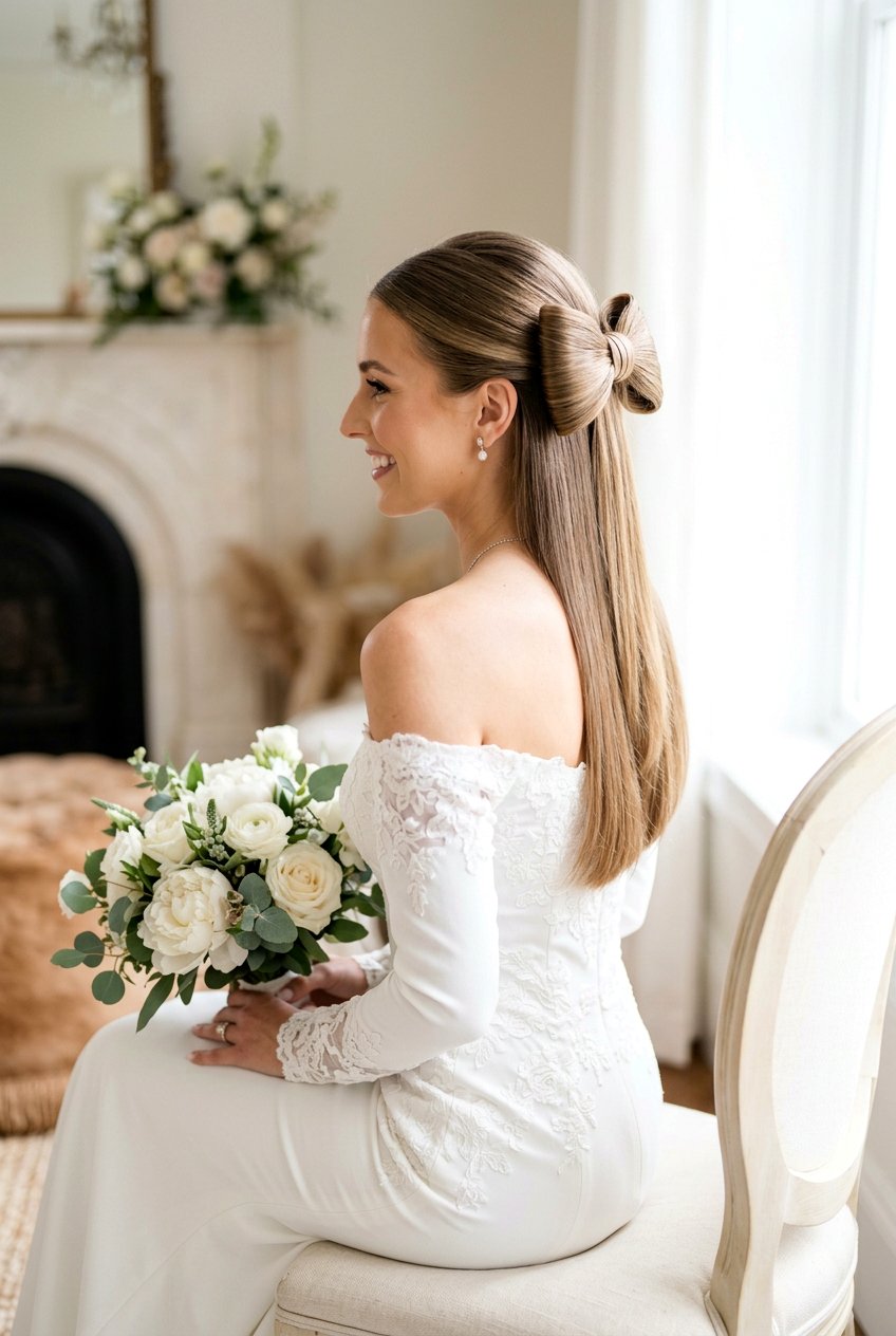 Straight Hair Bridal Bow Style - 20 bridal hairstyle for straight sleek look - 20 bridal hairstyle for straight sleek look