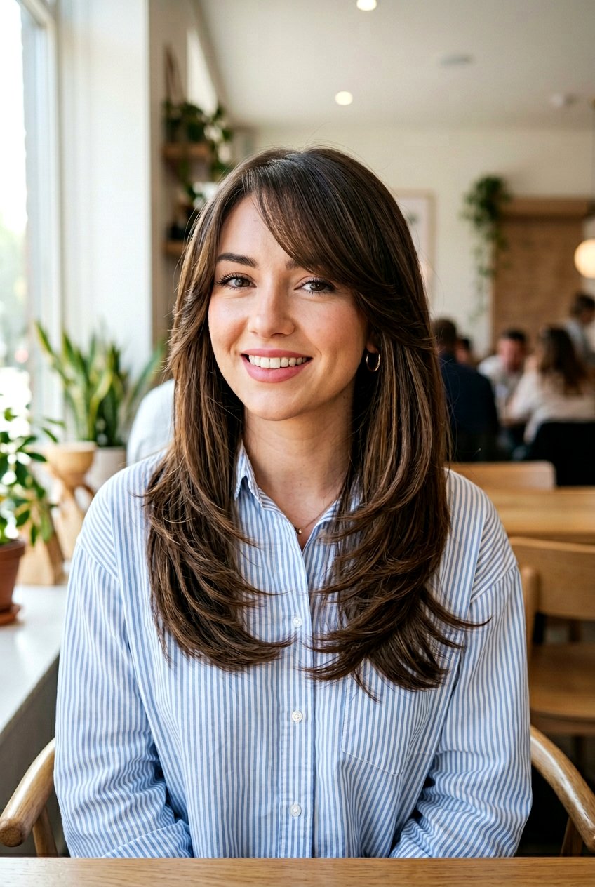 Straight Hair Butterfly Cut With Side Part Bangs - 20 butterfly layers with side bangs - 20 butterfly layers with side bangs