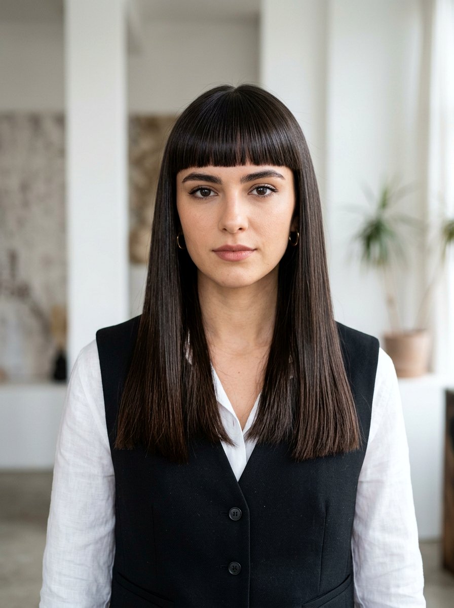 Straight Hair With Blunt Cut Bangs - 20 office hairstyle for women with bangs - 20 office hairstyle for women with bangs