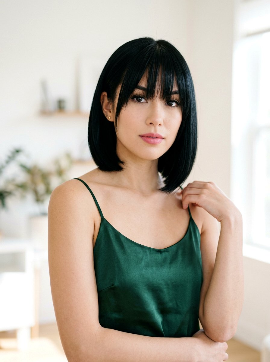 Straight Jet Black Bob With Long Bangs - 20 sleek straight bob with bangs - 20 sleek straight bob with bangs
