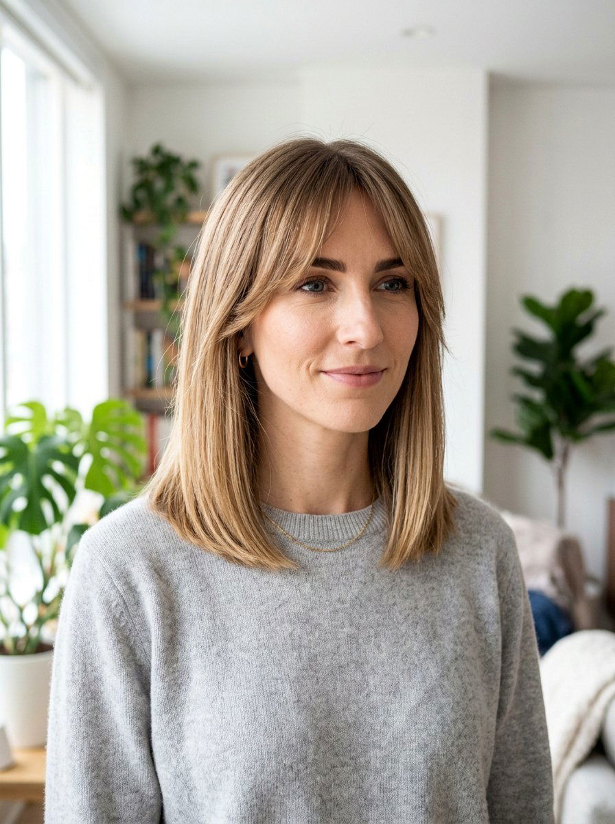 Straight Lob With Curtain Bangs For Long Face - 20 straight lob with curtain bangs - 20 straight lob with curtain bangs