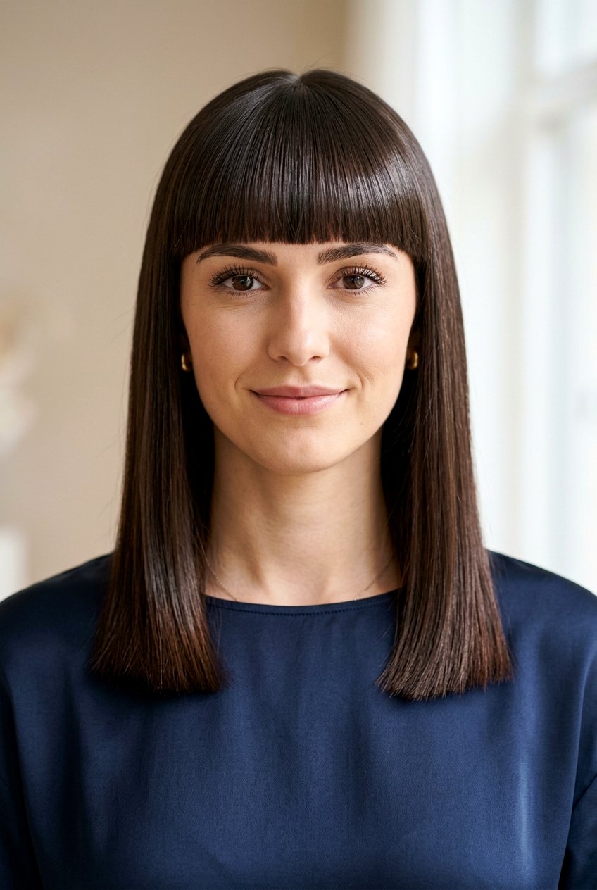 Straight shoulder length hair with blunt bangs - 20 shoulder length haircuts with bangs - 20 shoulder length haircuts with bangs