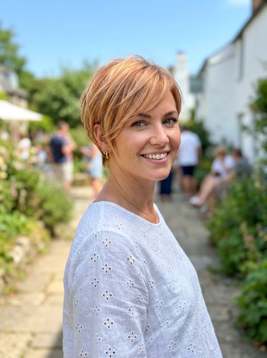 Strawberry Blonde Balayage Pixie - 20 dimensional pixie hair color ideas - 20 dimensional pixie hair color ideas