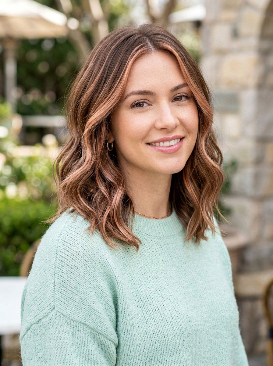 Strawberry Blonde Ribbon Highlights On Medium Brown Lob - 20 ribbon highlights for medium brown hair - 20 ribbon highlights for medium brown hair