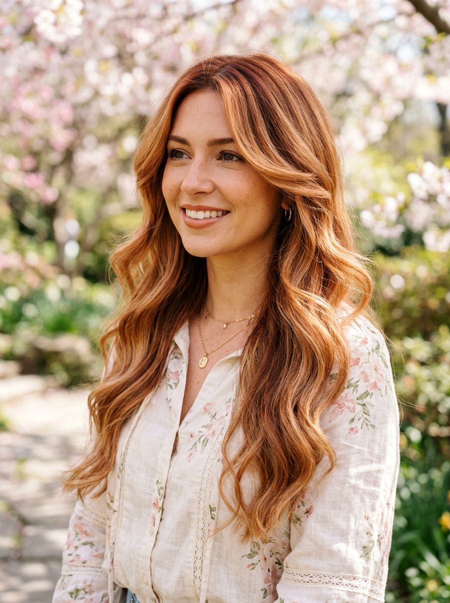 Strawberry Copper Balayage On Long Wavy Hair - 20 strawberry copper balayage - 20 strawberry copper balayage