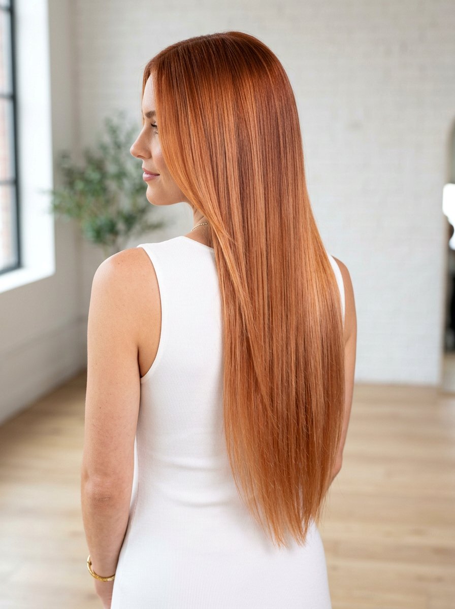 Strawberry Copper Balayage On Straight Sleek Hair - 20 strawberry copper balayage - 20 strawberry copper balayage