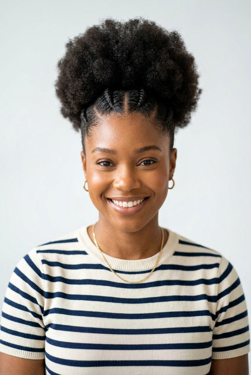 Stretched Natural Hair Puff with Braided Detail - 20 stretched natural hair hairstyles - 20 stretched natural hair hairstyles