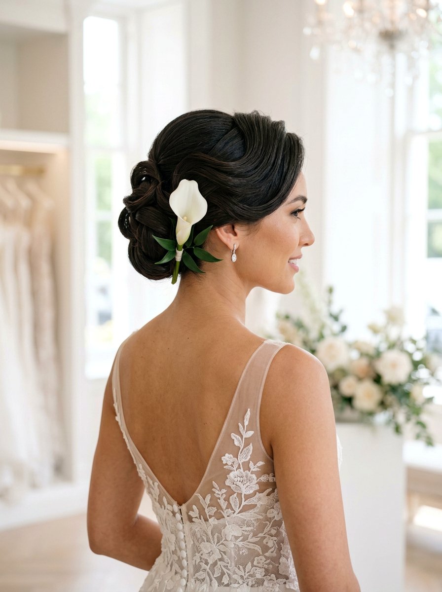 Structured Updo With Lily - 20 wedding hairstyles with flowers - 20 wedding hairstyles with flowers